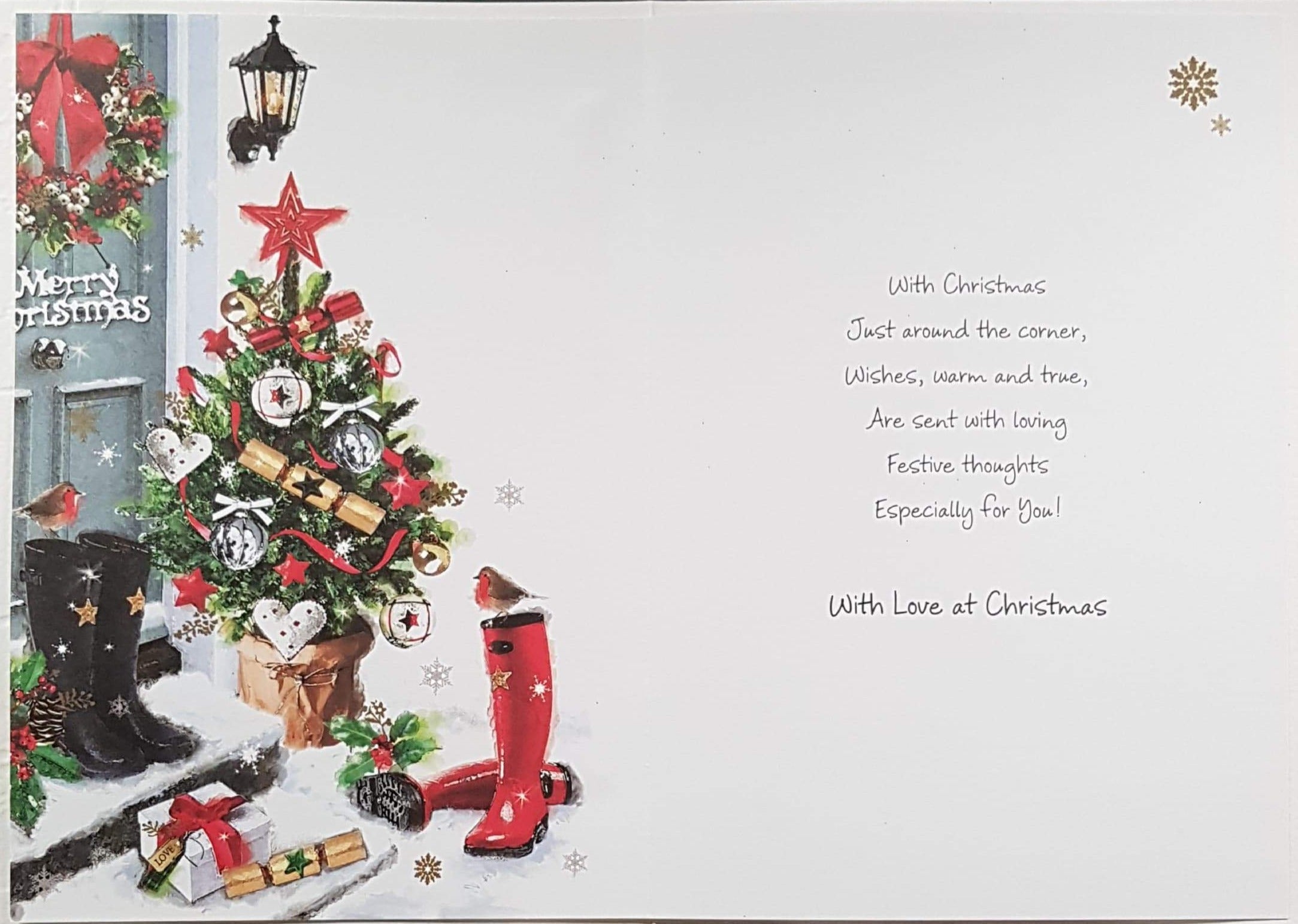 Son And His Partner Christmas Card - With Love & Christmas Tree & Boots at Front Door