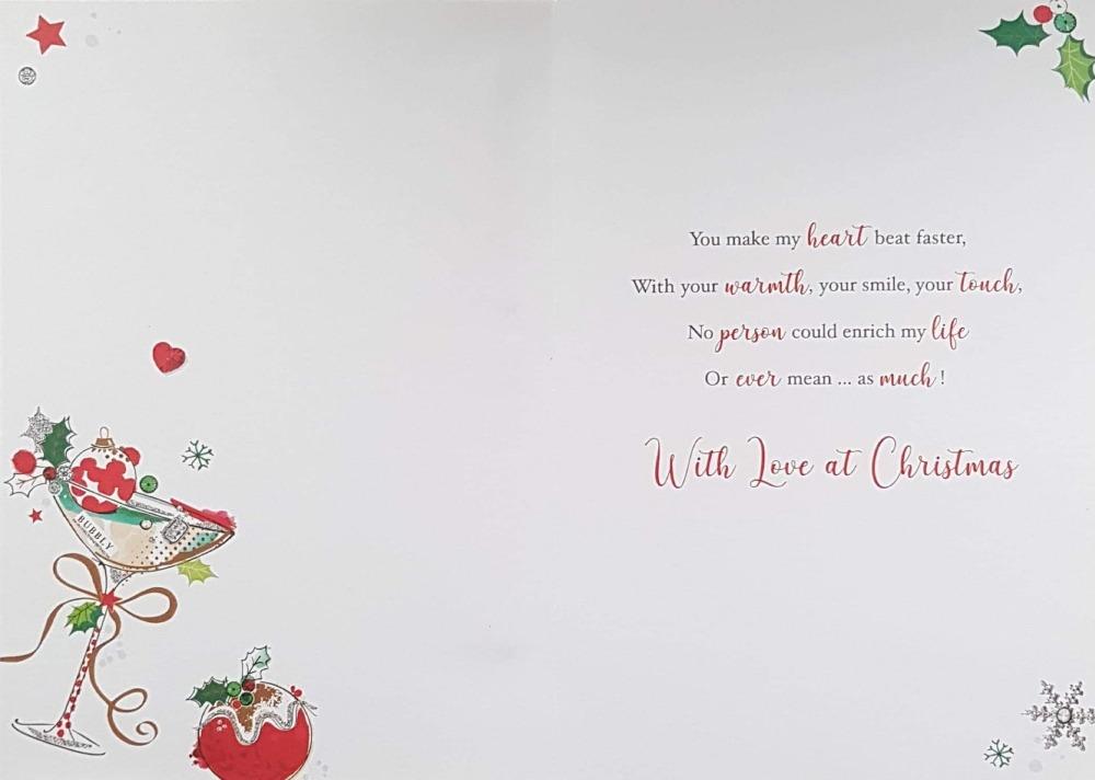 Partner Christmas Card - With Love at Christms & Champagne & Cocktail Glasses & Pudding