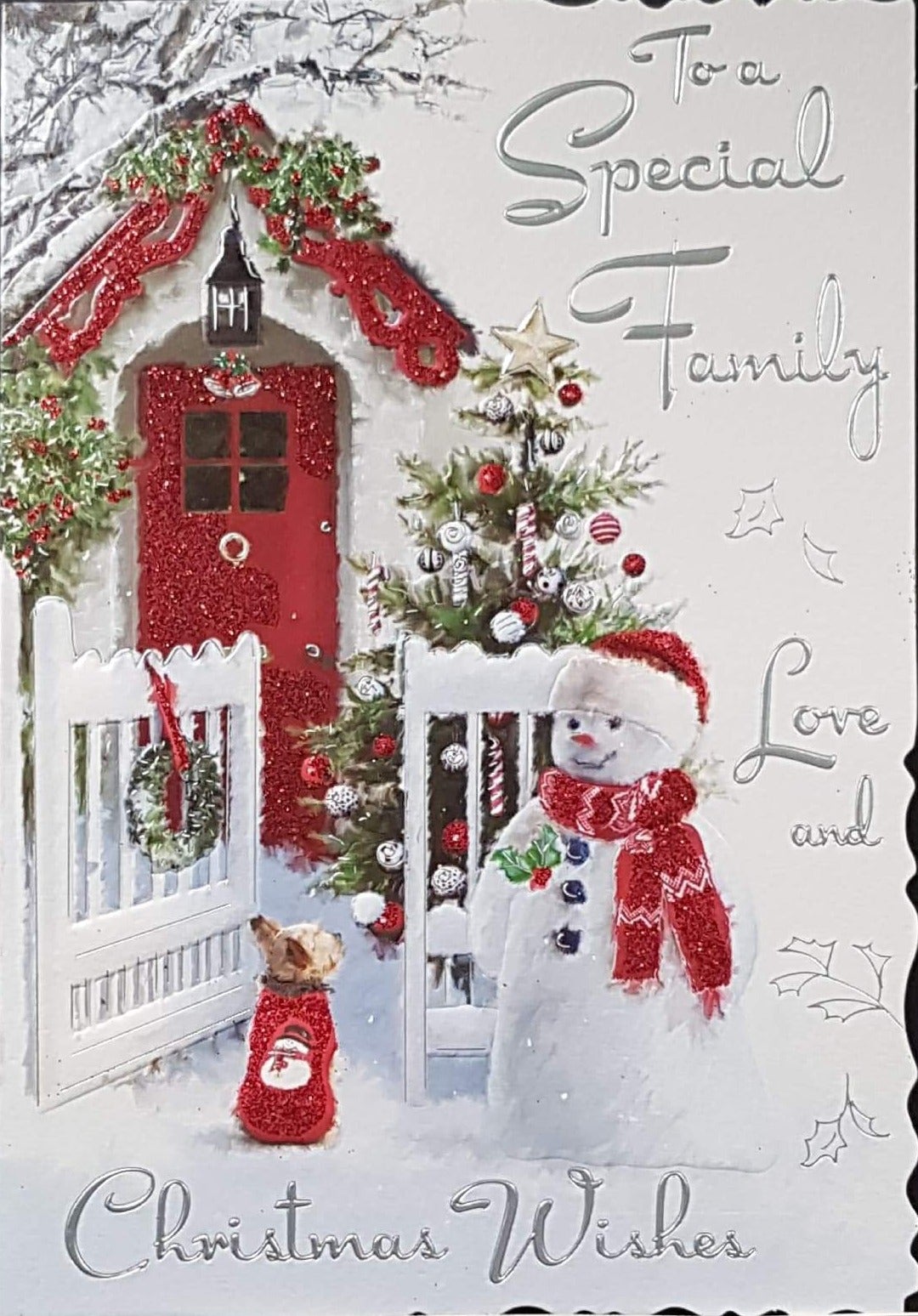 Family Christmas Card - Love and Christmas Wishes & Dog & Snowman & Red Front Door