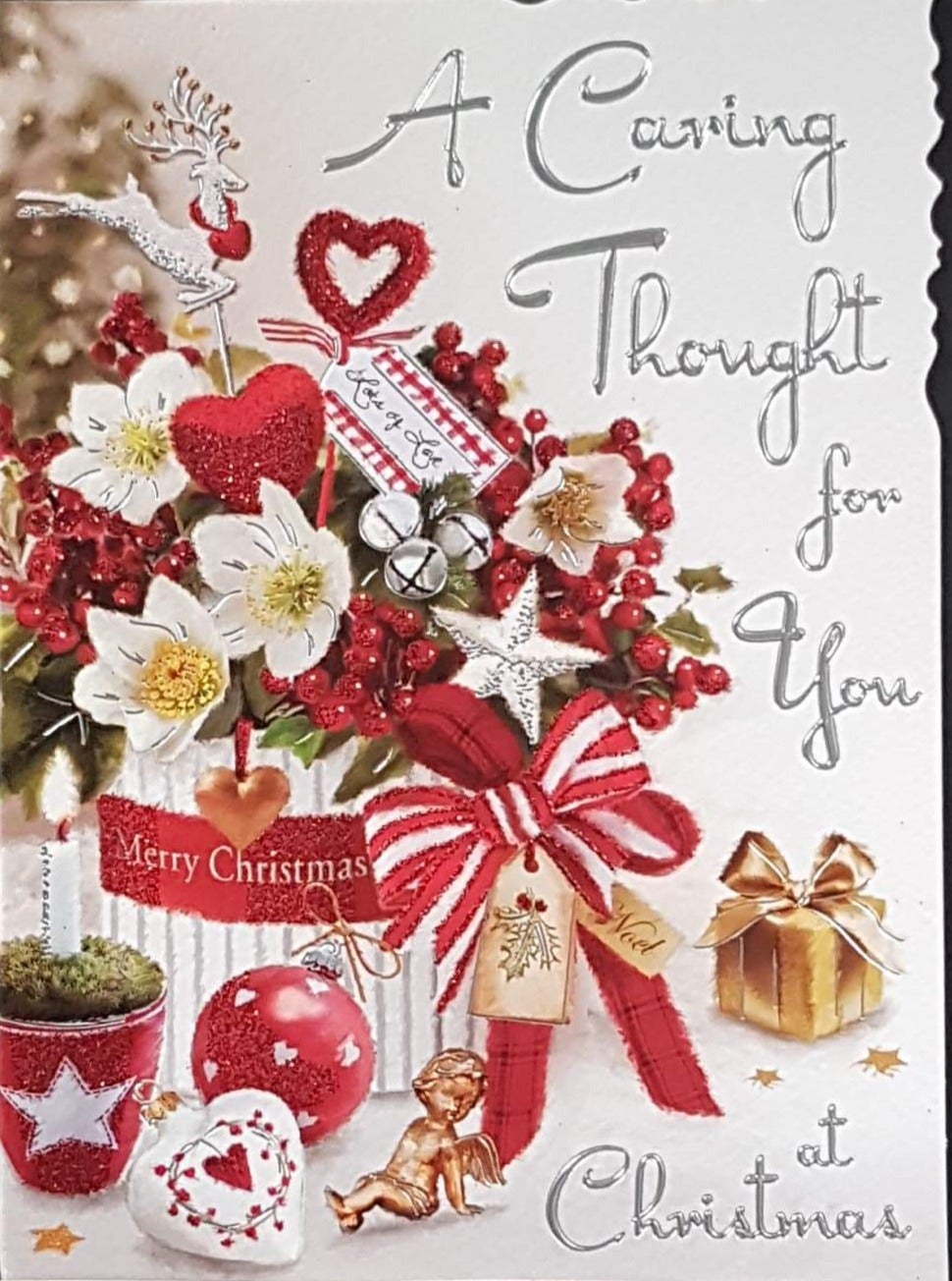 Thinking of You Christmas Card - A Caring Thought For You & Flowers & Berries in Basket