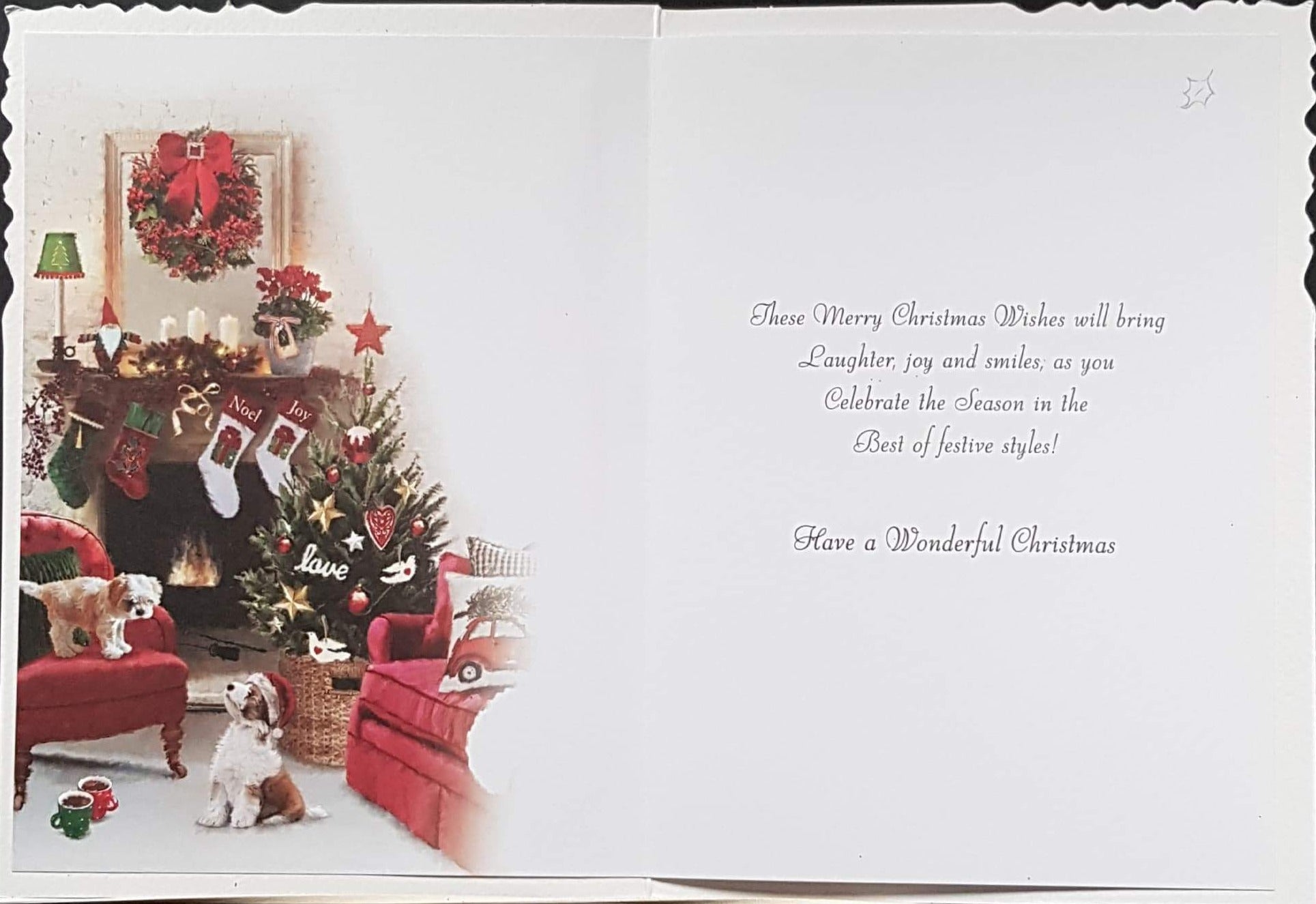 General Christmas Card - At This Festive Time & Puppies in Decorated Living Room