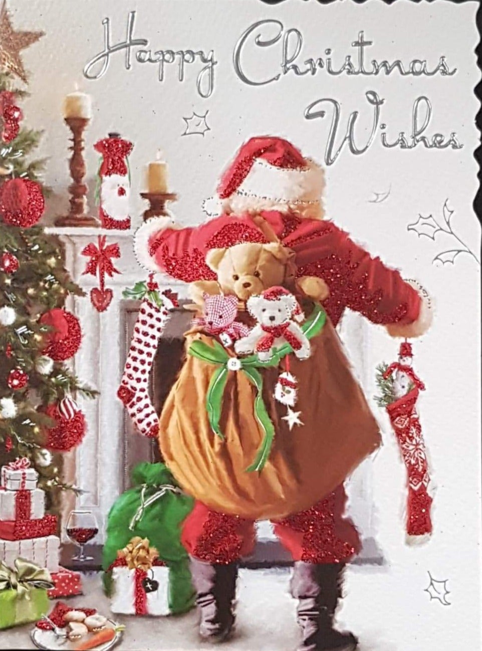 General Christmas Card - Happy Christmas Wishes & Santa Carrying Sack of Toys