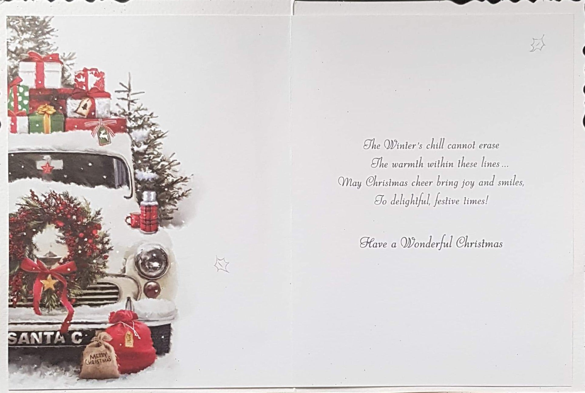 General Christmas Card - Festive Christmas Wishes & White Car & Gifts Decorated