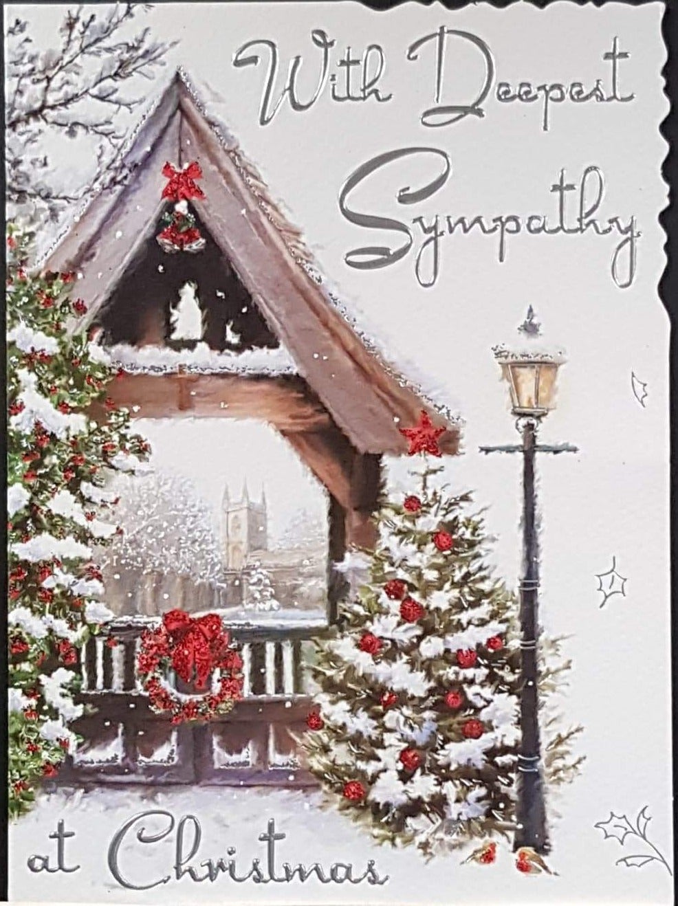 Sympathy Christmas Card - With Deepest Sympathy & Decorated Snowy Balcony