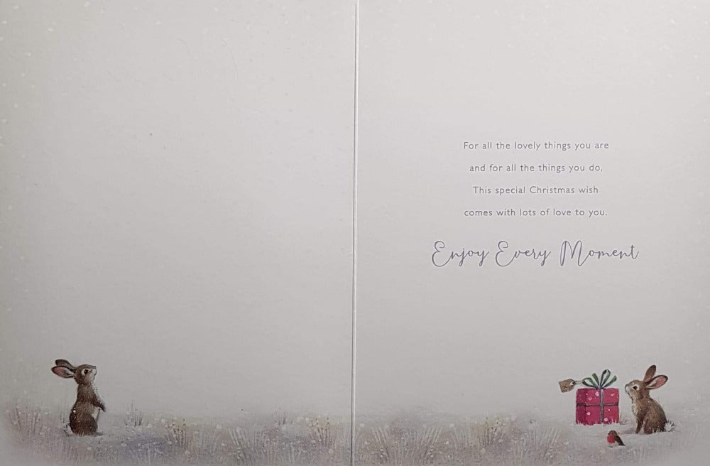 Niece Christmas Card - Two Rabbits Looking At The Snowman In The Snowy Forest