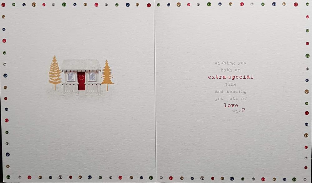 Mum And Dad Christmas Card - Cute Couple Of Dogs Wearing Hats Standing In Front Of Their House