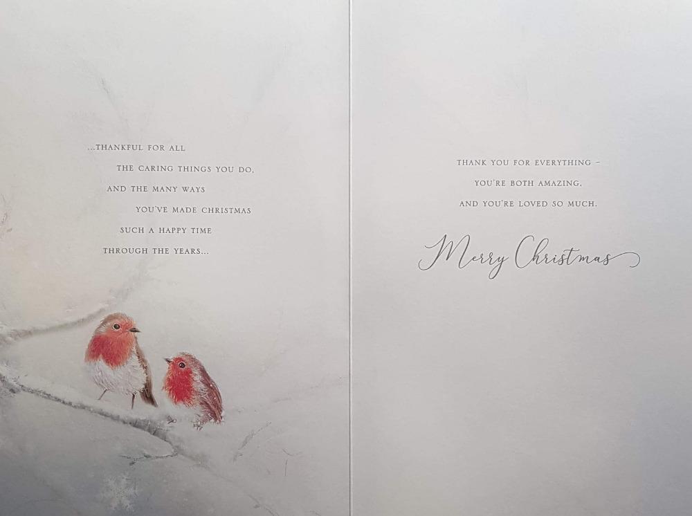 Mum And Dad Christmas Card - Couple Robin Looking At Each Other & Frosty Shapes Making 3D Effect