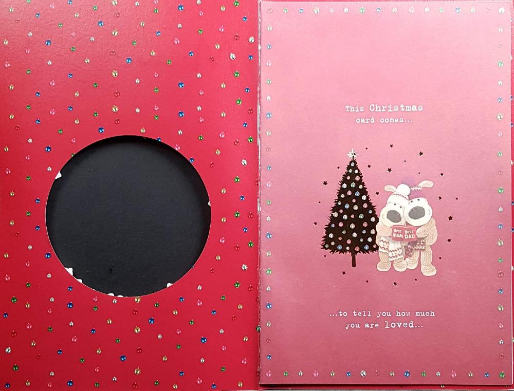 Mum And Dad Christmas Card - Mr & Mrs Dog Holding Mugs & Hugs