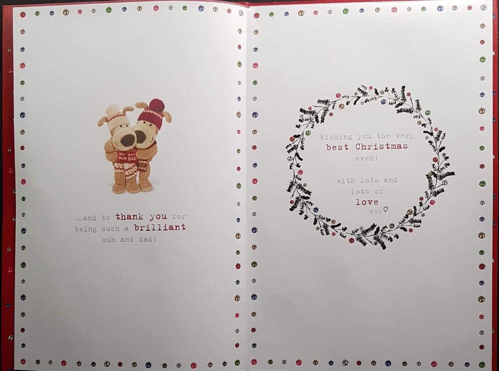 Mum And Dad Christmas Card - Mr & Mrs Dog Holding Mugs & Hugs