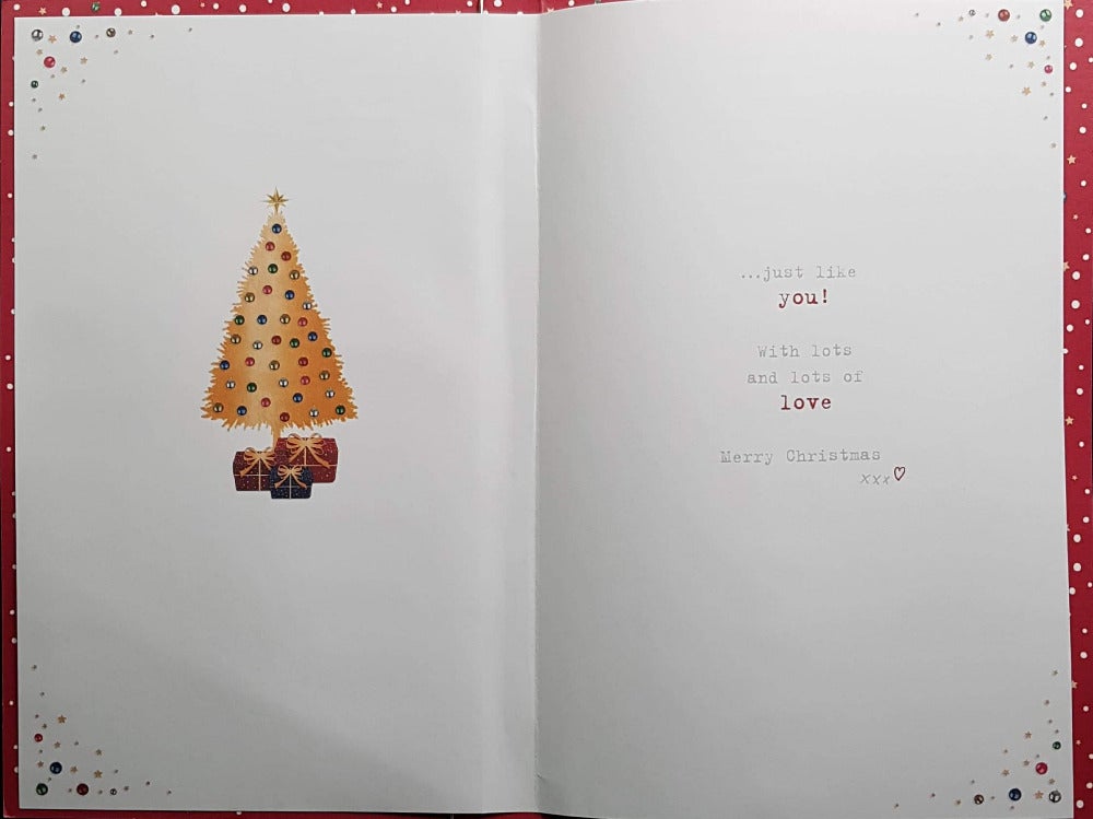 Mam Christmas Card - Cute Dog Holds Sparkly Gift Next To The Christmas Tree