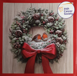 Charity Christmas Card (In Irish & English) - Box of 12 / Irish Cancer Society ICS - Two Robins on Wreath