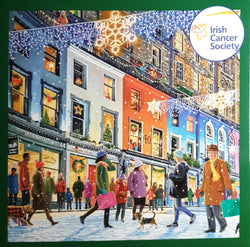 Charity Christmas Card (In Irish & English) - Box of 12 / Irish Cancer Society ICS - People Walking & Christmas Lights