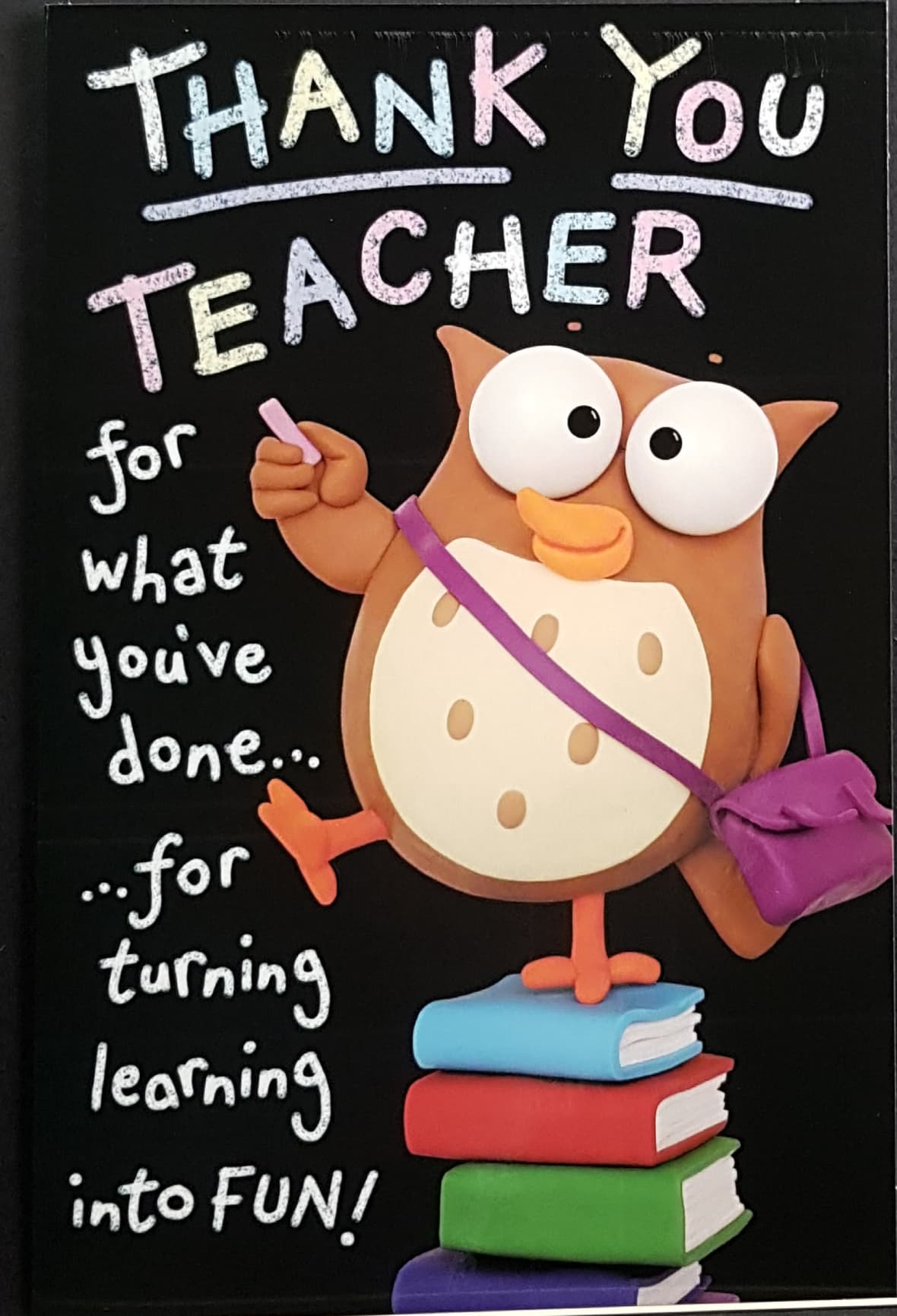 Thank You Card - Teacher / Happy Owl Wearing Purple Bag