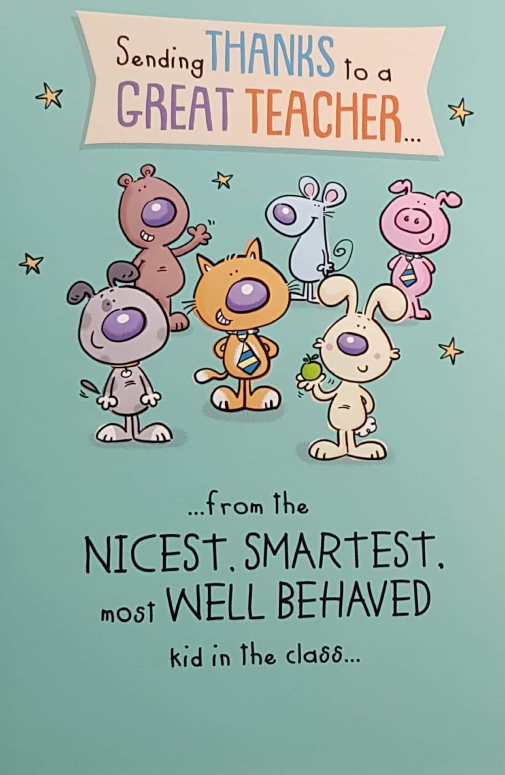 Thank You Card - Teacher / Happy Animals & Gold Stars