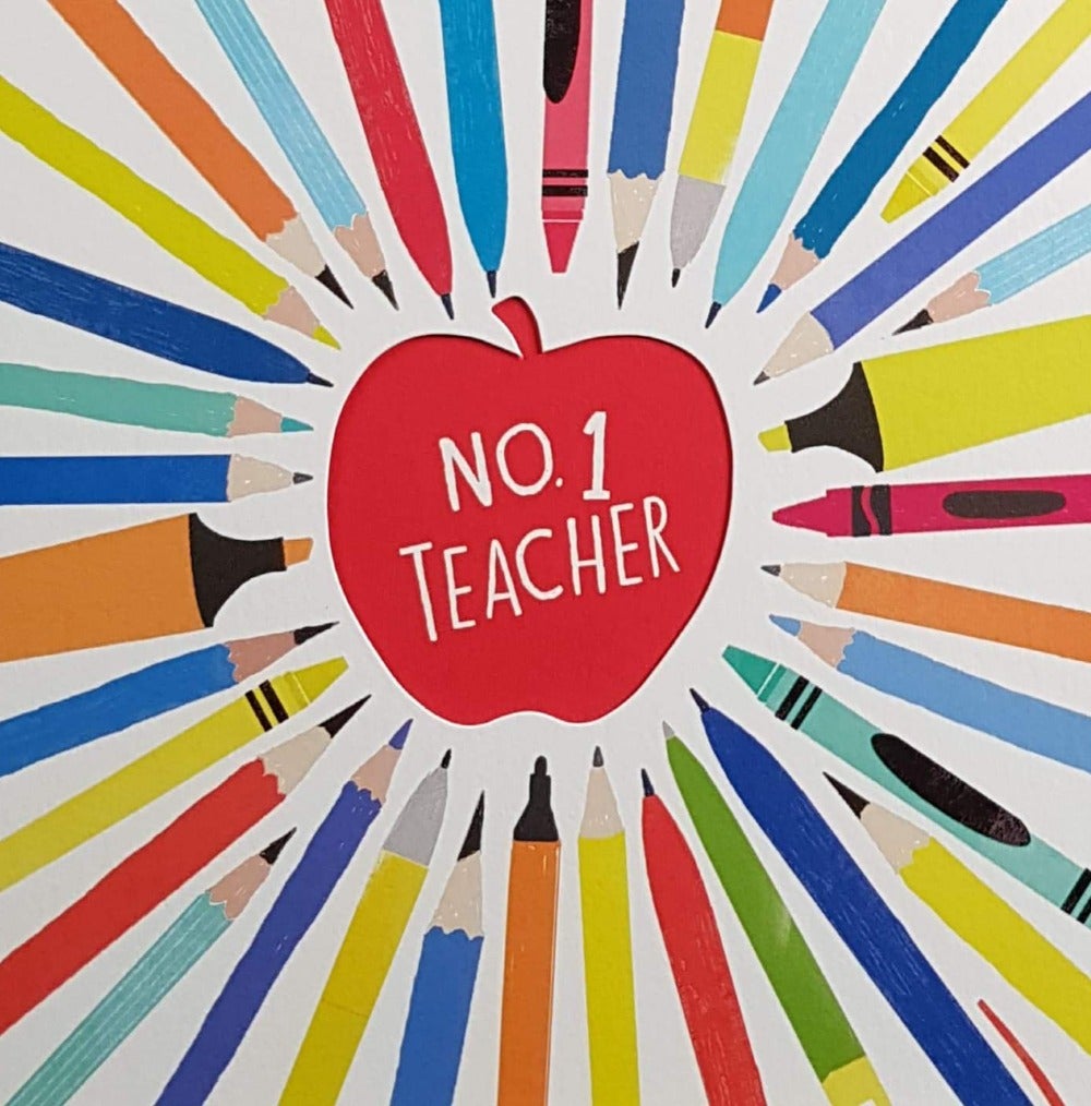 Thank You Card - Teacher / Colorful Pencils & Crayons Around The Red Apple