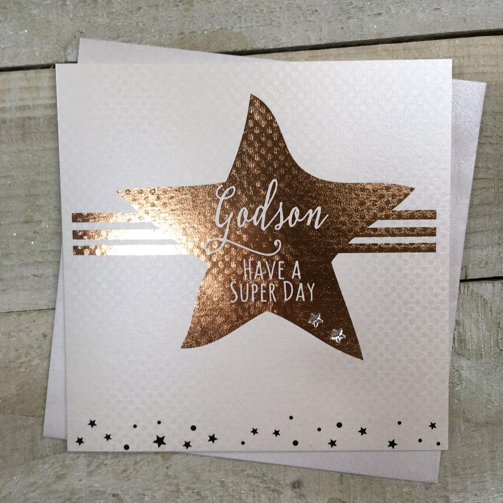 Birthday Card - Godson / Have A Super Day & Shiny Gold Star & Stripes