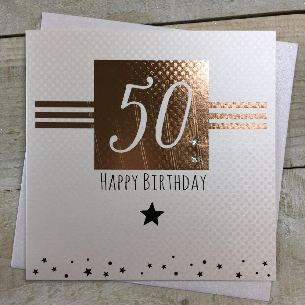 Birthday Card - Age 50 / '50' in Shiny Gold Square & Stripes