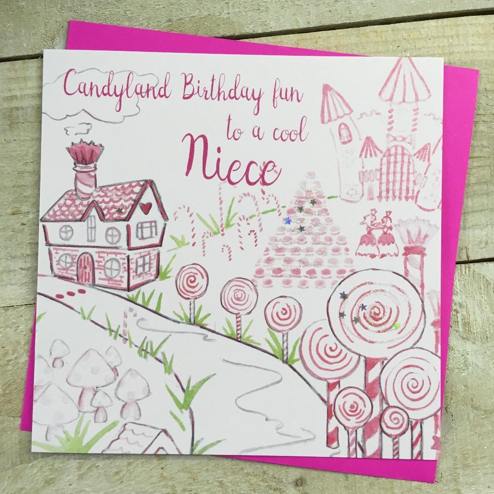 Birthday Card - Niece / Candyland Birthday Fun To A Cool Niece & Candy House & Lollipop Trees