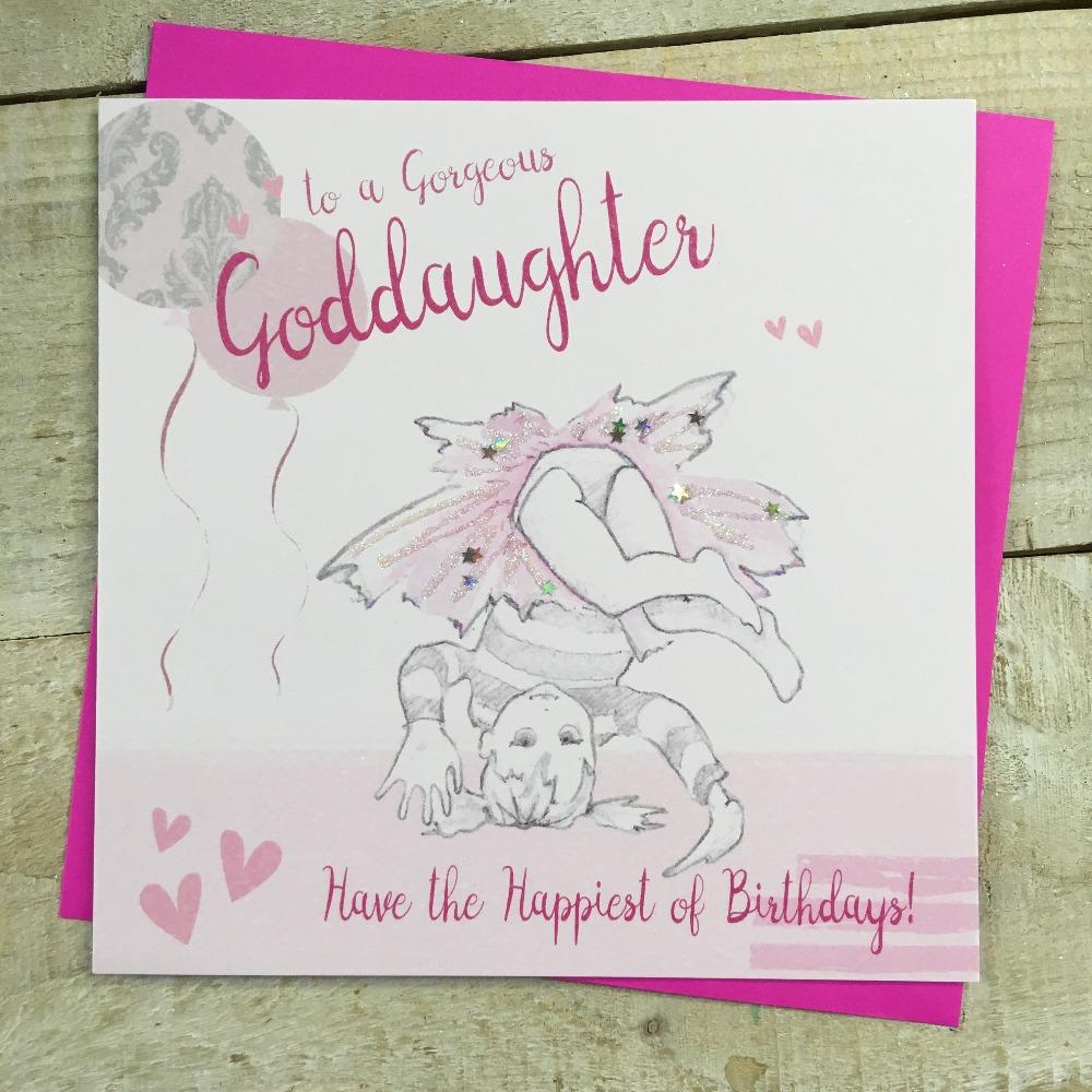 Birthday Card - Goddaughter / To A Gorgeous Goddaughter & Little Girl Tumbling in Dress