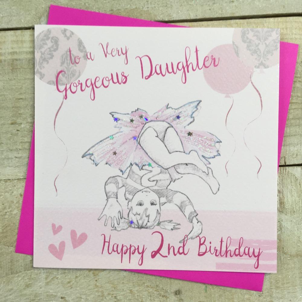 Birthday Card - Age 2 / Gorgeous Daughter / Little Girl Rolling over in Pink Dress