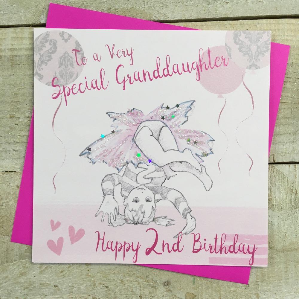 Birthday Card - Age 2 - Special Granddaughter / Little Girl Tumbling & Balloons