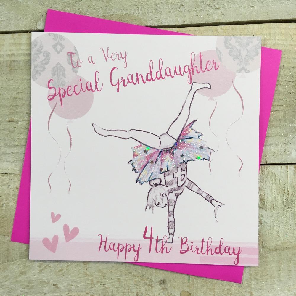 Birthday Card - Age 4 - Special Granddaughter / Girl Doing Cartwheel & Pink Balloons