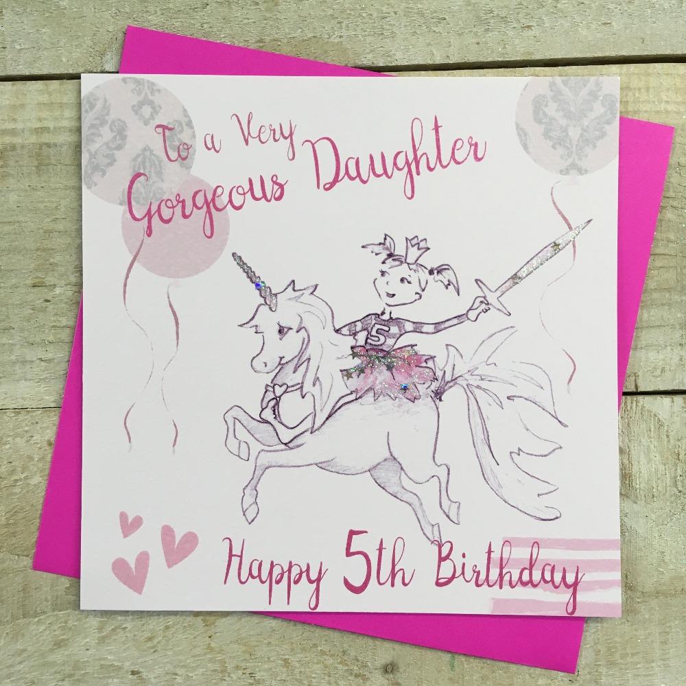 Birthday Card - Age 5 - Daughter / Little Girl Riding Unicorn Holding Sword