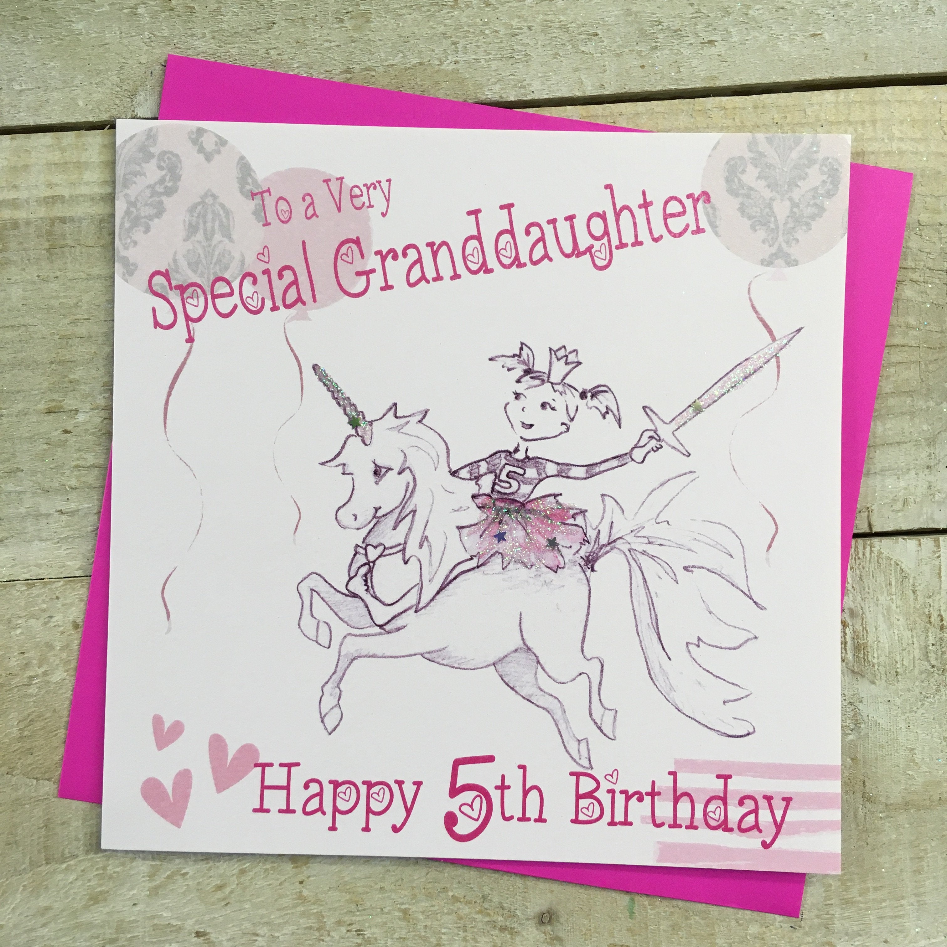 Birthday Card - Age 5 - Granddaughter / Little Girl on Unicorn Riding into Battle