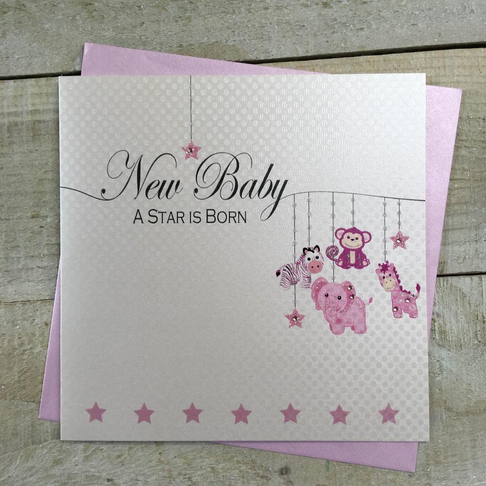 New Baby Card - Girl / Pink Toys Hanging On Strings