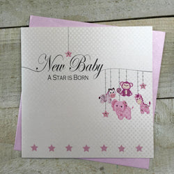 New Baby Card - Girl / Pink Toys Hanging On Strings
