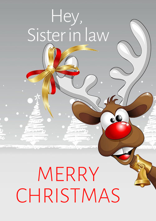 Funny Sister In Law Christmas Card Personalisation - Reindeer & Frozen Tree