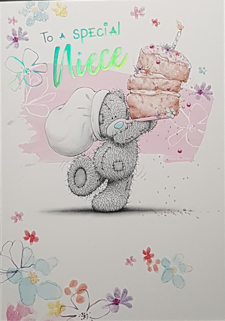 Birthday Card - Niece / Chef Teddy Carrying A Birthday Cake
