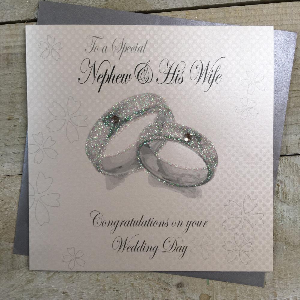 Wedding Card - Nephew & His Wife / Two Rings With Pearl On Flowers