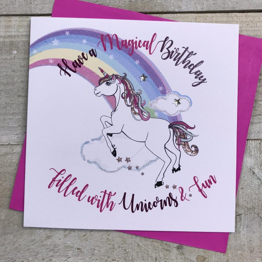 Birthday Card - Have A Magical Birthday & Unicorn Jumping Near Rainbow
