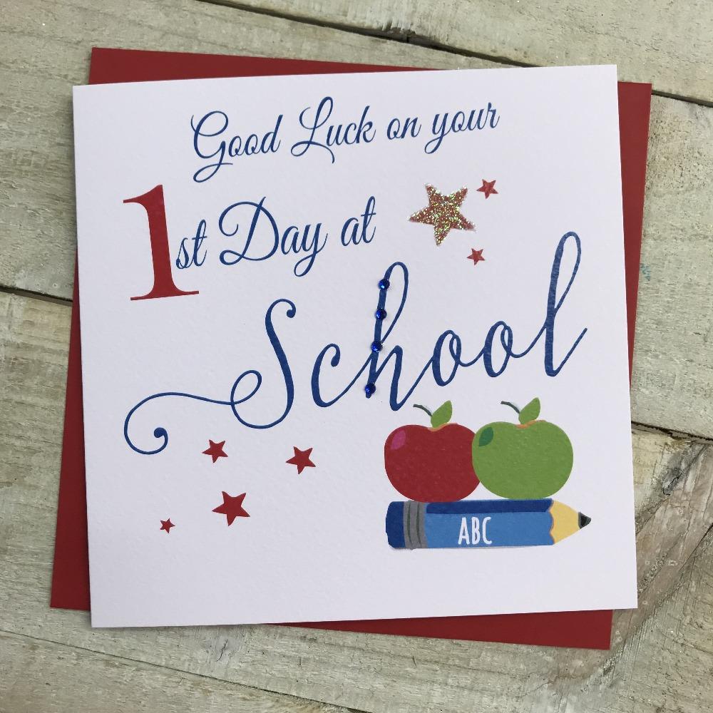 New School Card - Good Luck / Two Apples On A Blue Crayons