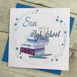 New School Card - Good Luck / Books & Two Blue Pencils