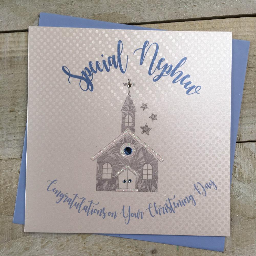 Christening Card - Nephew / A Silver Church With A Blue Diamond