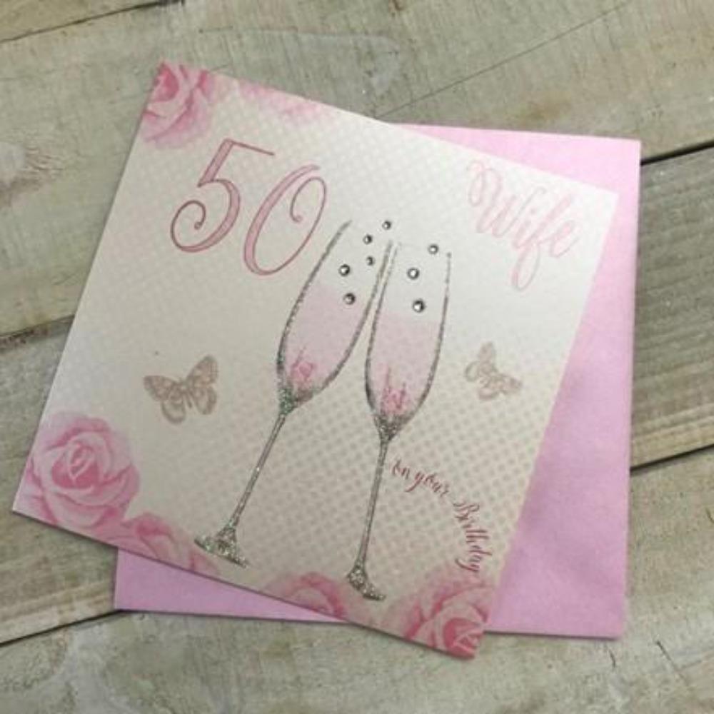 Age 50 Birthday Card - Wife / Beautiful Pink Roses & 50