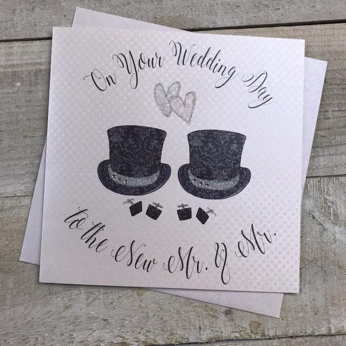 Wedding Card - Mr. & Mr. / Two Black Hats & Silver Hearts