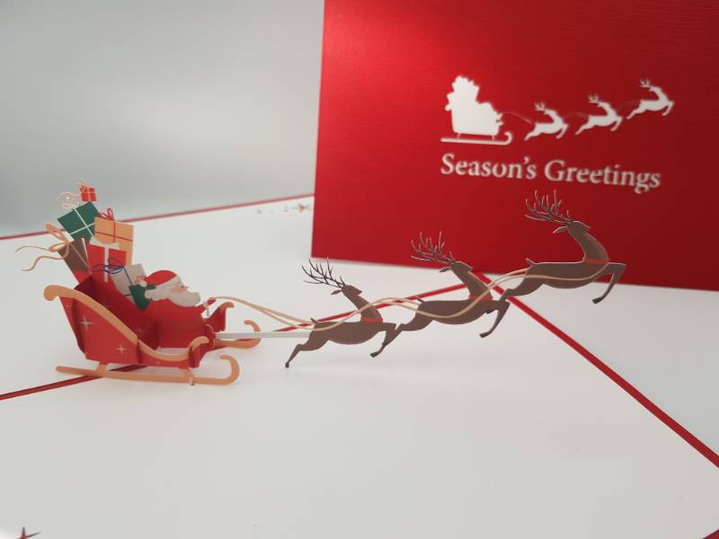Christmas Pop Up Card -  Reindeer Pulling Santa on Sleigh