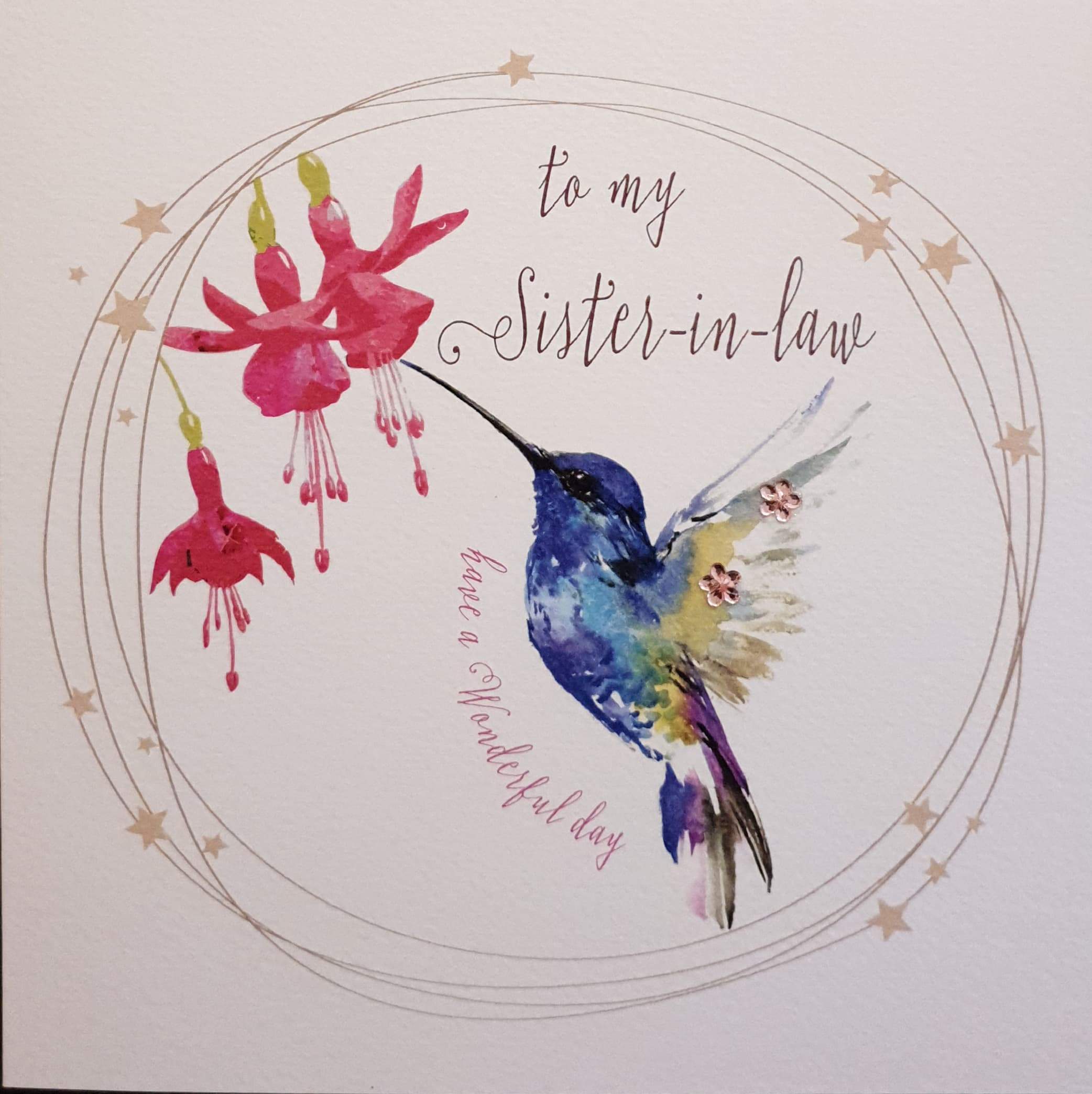 Birthday Card - Sister-in-Law / Blue Hummingbird & Fuchsia Flower