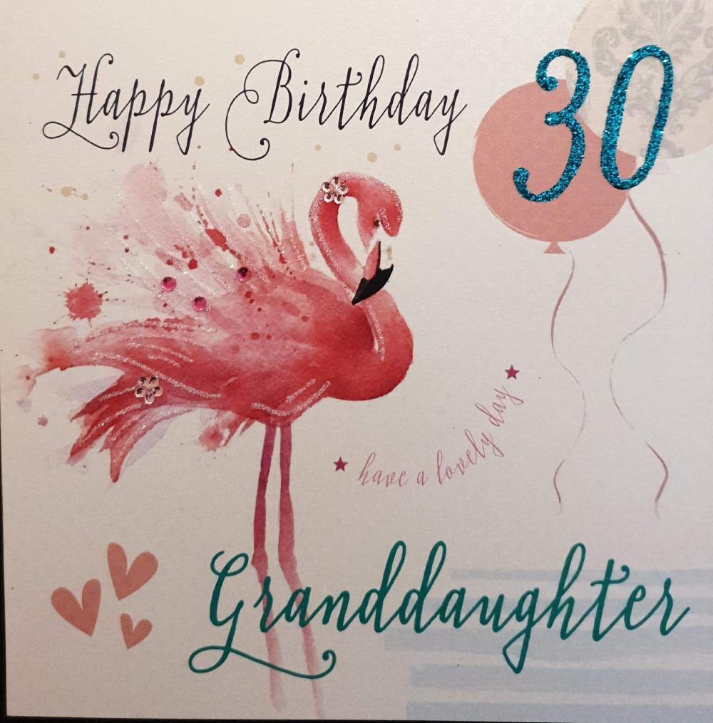 Birthday Card - Granddaughter - 30th Birthday - Flamingo with Pink Hearts & Balloon