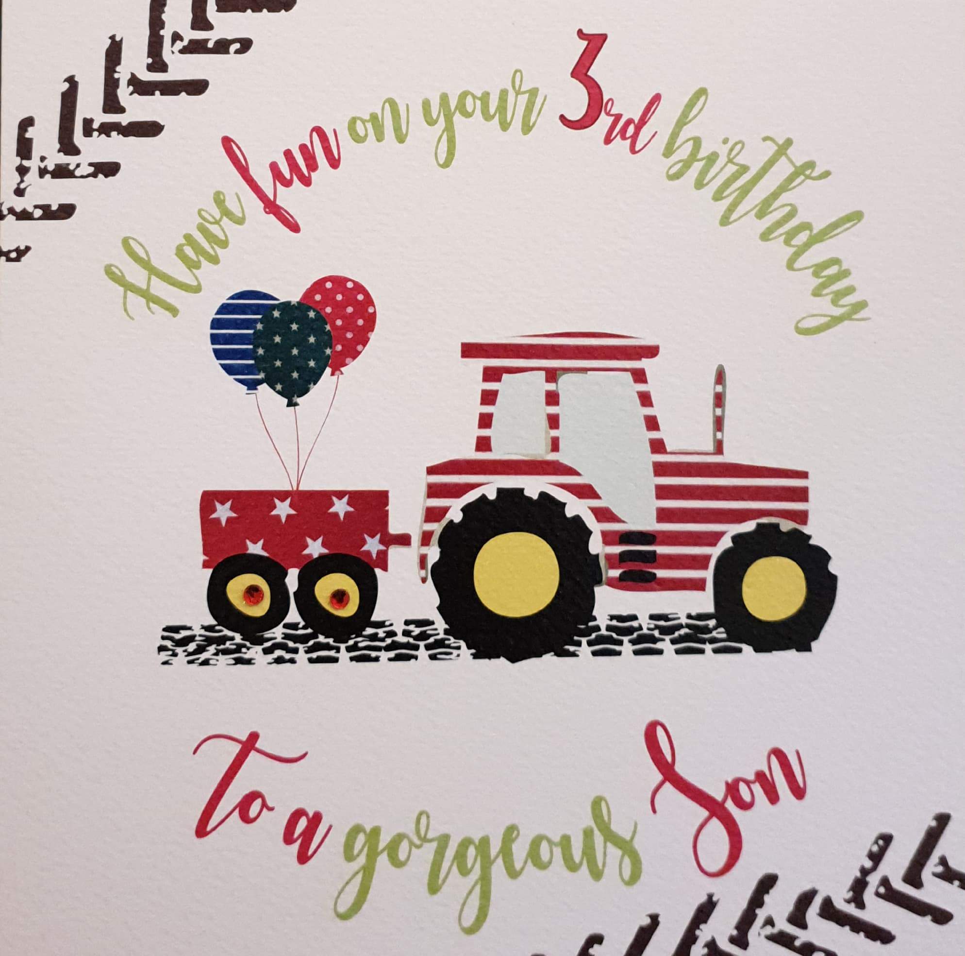 Birthday Card - Son - 3rd Birthday / Stripy Red & White Tractor with Balloons & Trailer