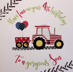 Birthday Card - Son - 4th Birthday / "Have Fun On Your 4th Birthday" & Balloons Tied to Tractor Trailer