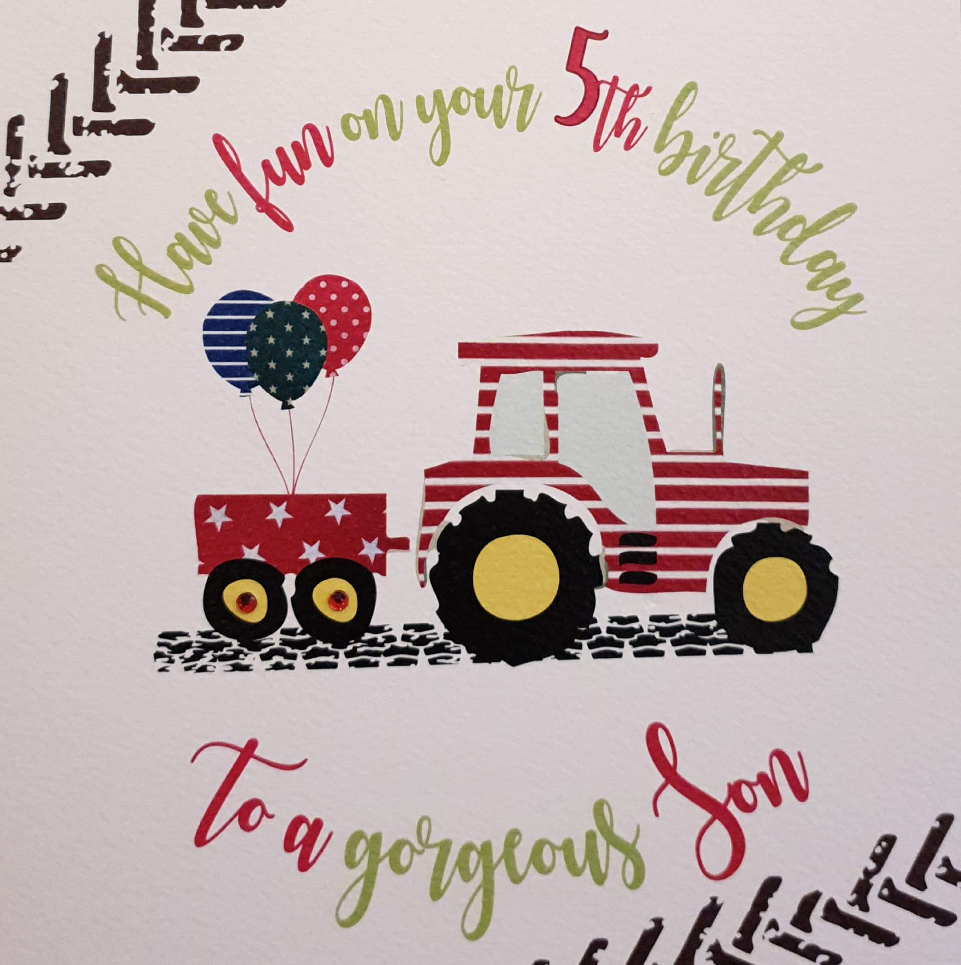 Birthday Card - Son - 5th Birthday / Balloons Tied to Red & White Tractor Trailer