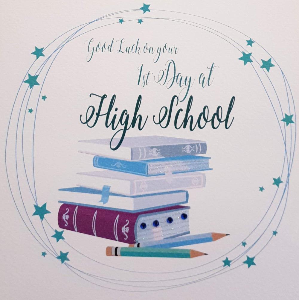 Good Luck Card - 1st Day at High School / Pencils, Stack of Books & Pink Stars