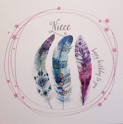 Birthday Card - Niece / Happy Birthday To You & Two Colorful Feathers
