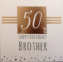 Birthday Card - Brother - 50th Birthday / "50" Inside Gold Square with Stripes