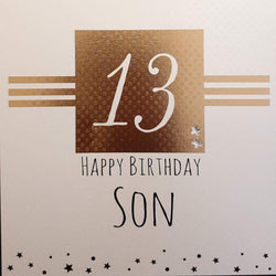 Birthday Card - Son - 13th Birthday / "13" Inside Gold Square with Stripes