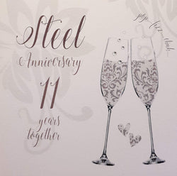 Anniversary Card - Steel Anniversary - 11 Years Together / Two Champagne Glasses with Silver Design